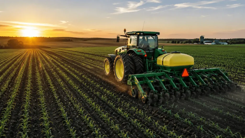 Modern farm tractor using GPS guidance and precision agriculture technology across a large crop field