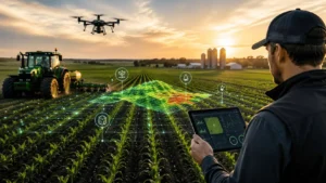 Farmer using precision agriculture technology with GPS mapping, drone monitoring, and digital farm management